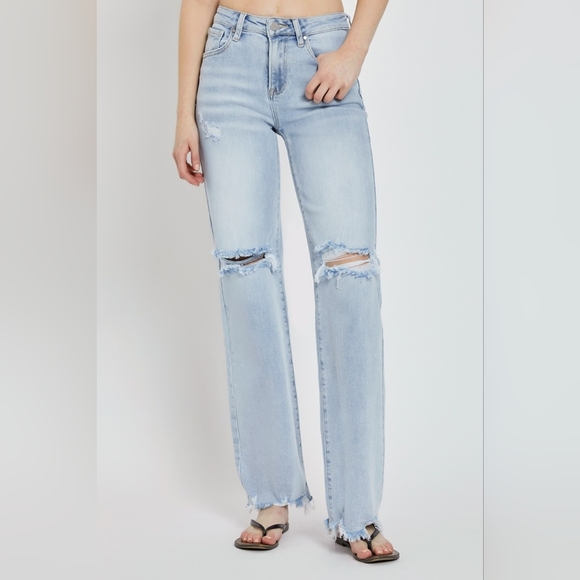 RISEN Distressed High-Rise Jeans Retro Straight Wide Leg Classic Denim Pants - Picture 4 of 16